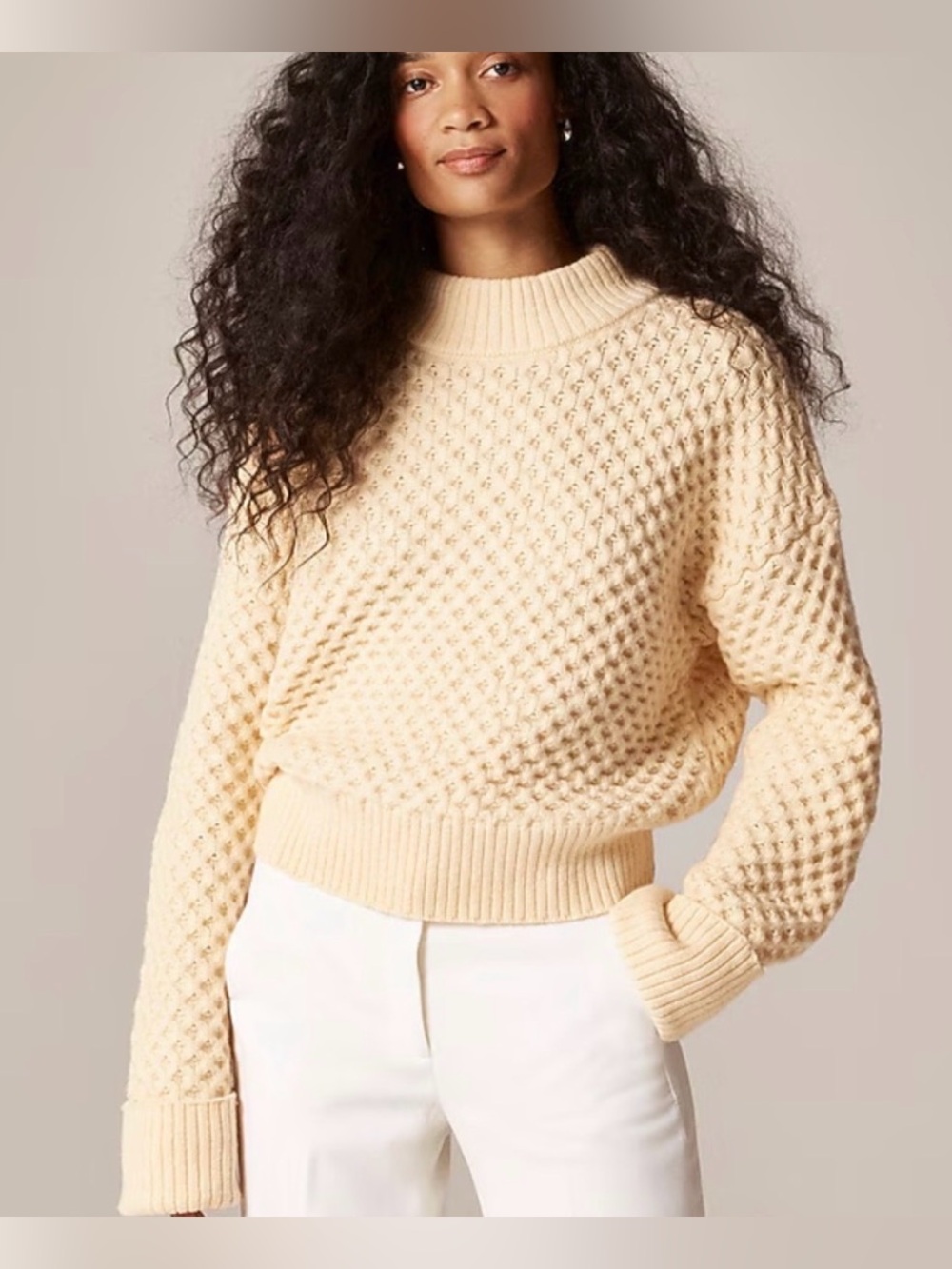 J. Crew Honeycomb mockneck sweater in wool blend Candlelight Crean NWT size XL